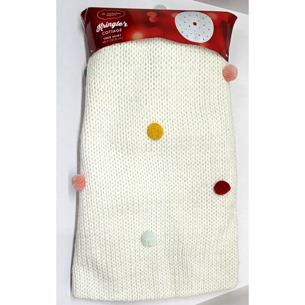 St Nicholas Square Kringle's Cottage Tree Skirt 48in White Knit Pom Pom 3207411